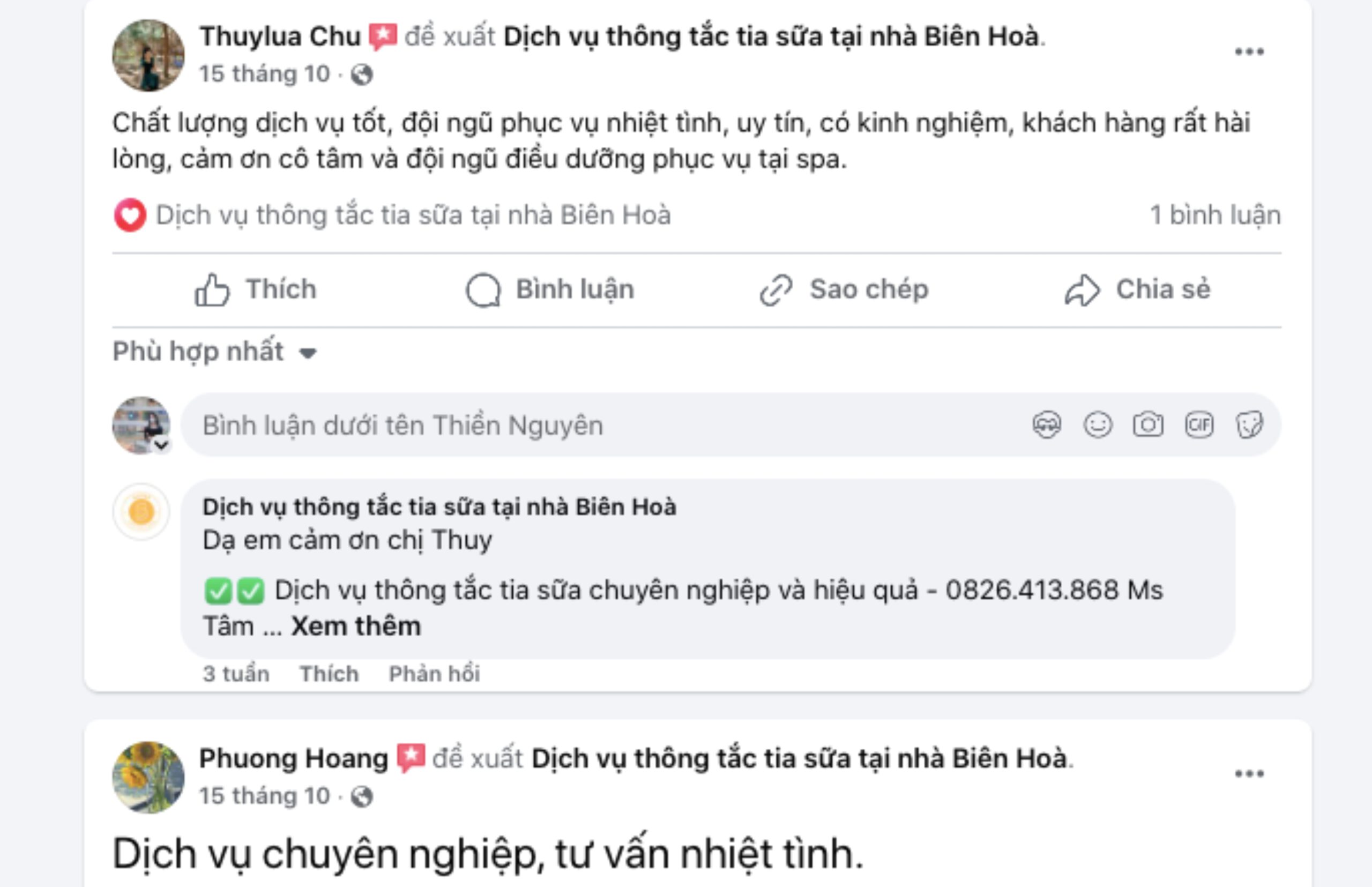 Khách hàng sử dụng dịch vụ của chúng tôi đánh giá qua Fanpage 